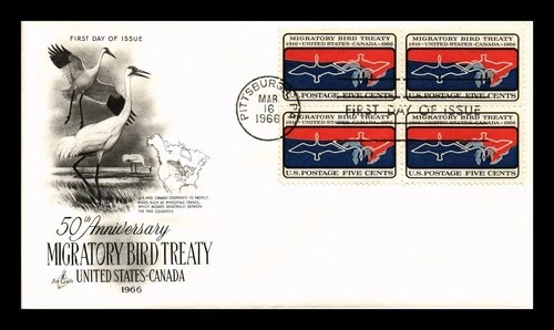 DR JIM STAMPS US COVER MIGRATORY BIRD TREATY 50TH ANNIVERSARY FDC BLOCK OF 4