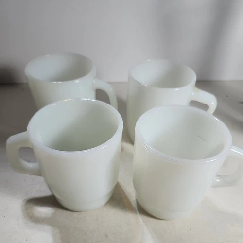 Vintage Fire King Oven Ware White Milk Glass D Handle Mugs 8oz Set Of 4
