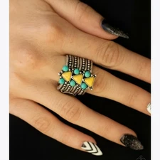 Paparazzi Yellow Turquoise Silver-Tone Ring Boho Tribal Adjustable Stretch Band