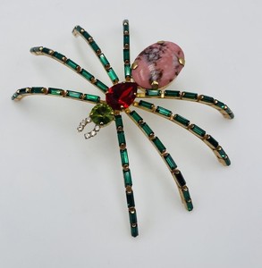 Authentic Vintage Germany Gold Plated Glass Rhinestone Large Spider Shoulder Brooch Pin