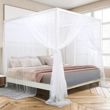 White Canopy Bed Curtains, 4 Corner Post Bed Canopy for Girls  Adults, Top L...
