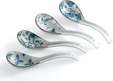 4Pcs Asian Soup Spoon,Chinese Ceramic Retro Blue & White 