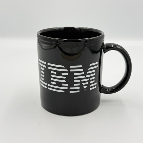 Vintage IBM Logo Computer Black Ceramic Mug w White Letters Coffee Cup Rare 11oz - Picture 1 of 10