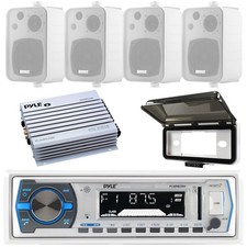 Pyle Marine Boat MP3 Stereo Player USB Input, Cover, 4CH Amp, 4x Box Speakers