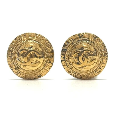 Boucles d'oreilles rondes CHANEL 2332 marque coco logo CC clip doré vintage... - Photo 1/4