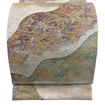 Japanese Kimono Fukuro obi masterpiece signature flower arabesque wave gold