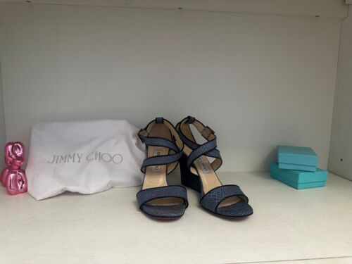 Jimmy Choo Wedge Cross Strap Sandals – Blue, Size 37 1/2 – Excellent Condition!