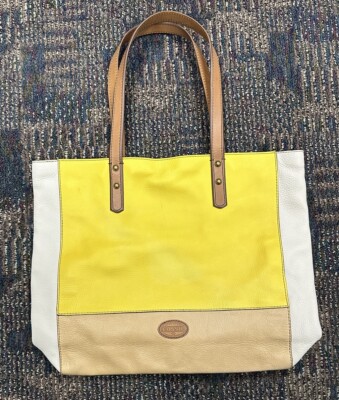 Fossil Zoey Yellow White Pebbled Leather Tote Shoulder Handbag
