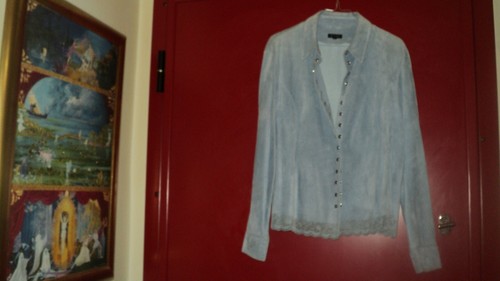 ATTITUDE LAVENDER LILAC GENUINE SUEDE LEATHER SHIRT TOP BLOUSE CUTWORK*SIZE XL