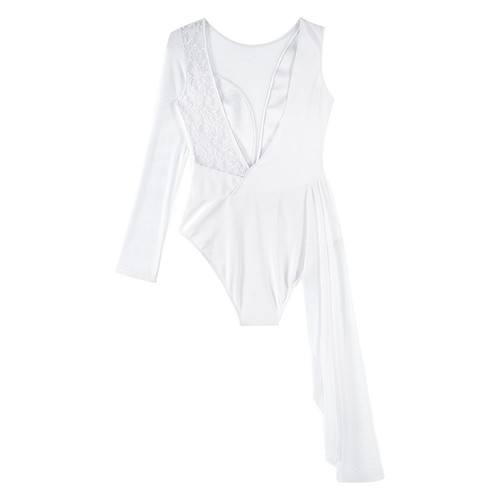 Womens Lyrical Leotard Sheer Mesh Floral Lace Patchwork Bodysuit Performance - Picture 9 of 60