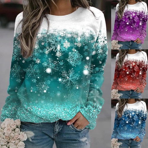Plus Size Womens Christmas Snowflake T Shirt Tops Ladies Xmas Long Sleeve Blouse - Picture 12 of 17