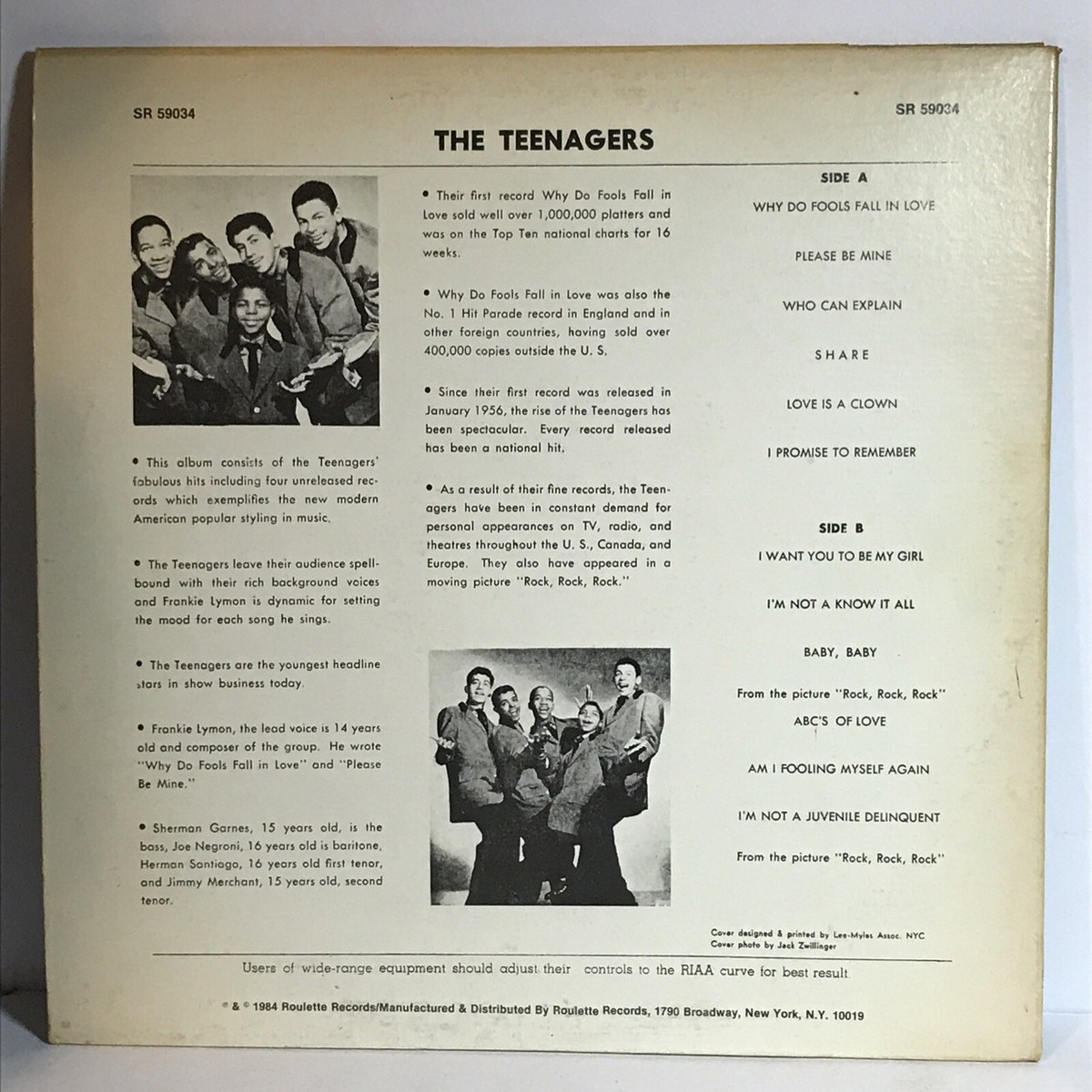TEENAGERS Featuring Frankie Lymon Doo Wop LP RUOLETTE RECORDS