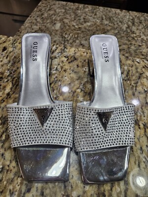 womens size 11 silver dress shoes GUESS Womens Rhinestone Silver Heels Logo Sparkle Size 11 Dress Shoes