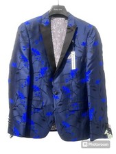 Paisley  Gray Men's Slim Fit Blue Floral Suit Blazer Tuxedo Jacket Size 38R
