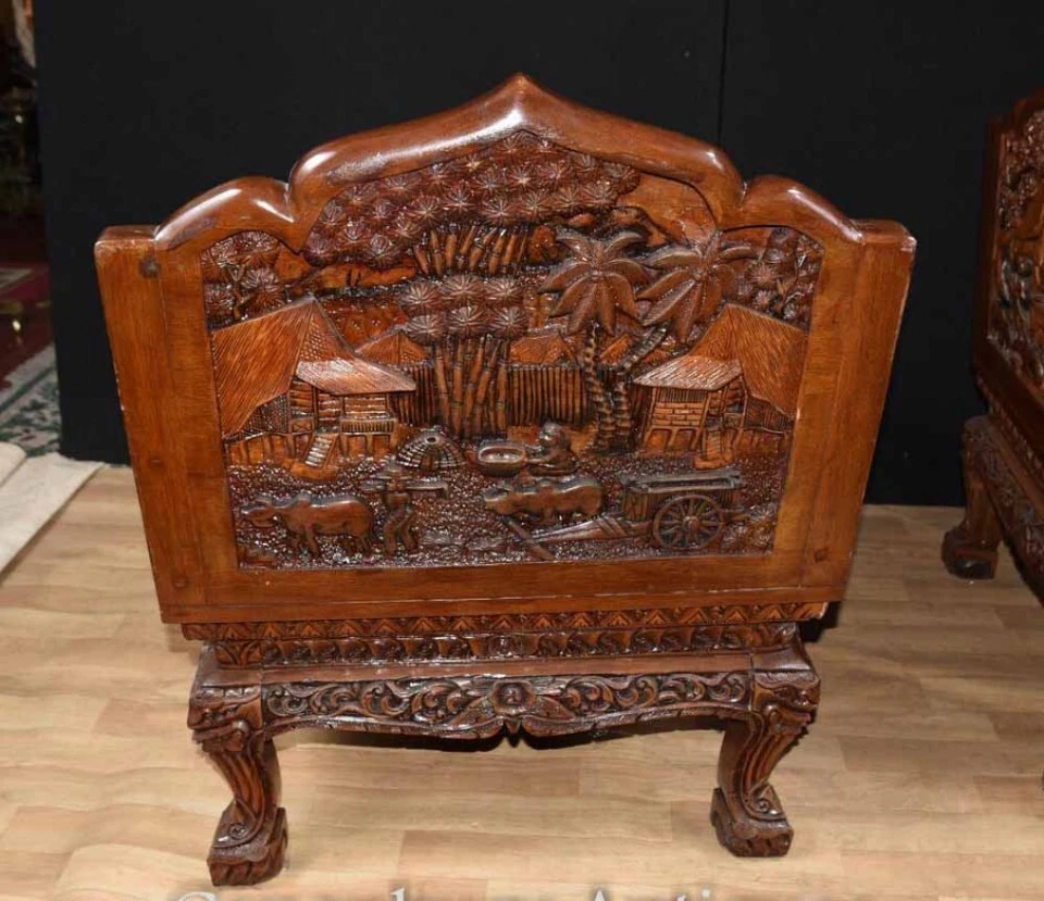 Hand Carved Chinese Hardwood Chairs and Coffee Table Set - Image 4 of 4