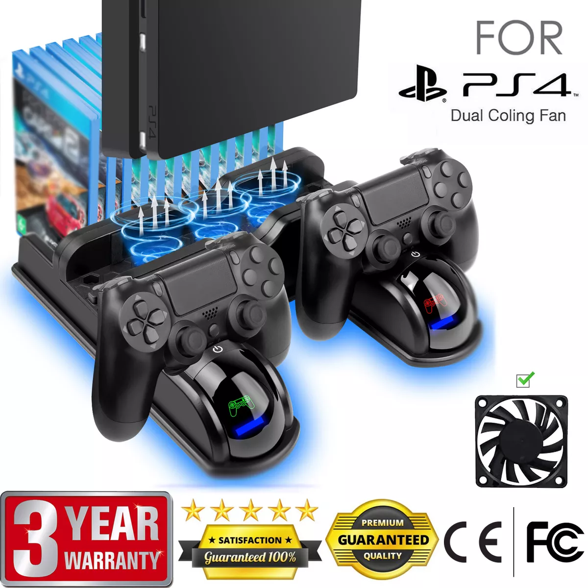  PS4 Stand Cooling Fan Station for Playstation 4/PS4 Slim/PS4 Pro,  PS4 Vertical Stand with Dual Controller Port Charger Dock Station, USB Fast  Charging Station with LED Indicator,12 Game Slots : Video