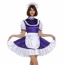 Sissy Girl Maid Frilly Purple Satin Lockable Dress Cosplay Costumes Tailor-made