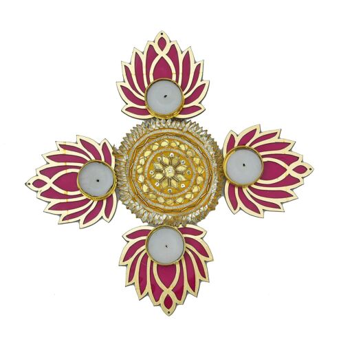Wooden Lotus Cutout Rangoli with Tealight Candle Holder Decorative mat Handmade  - Afbeelding 1 van 5