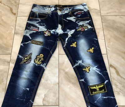 Gold Leaf Distressed Patches Denim Blue Jeans Men's Size 36 X 31  Slim Fit NEW