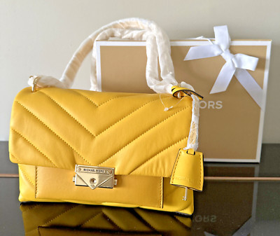 Michael Kors Cece Quilted Leather Chevron Sunflower Gold Chain Push Lock New NWT