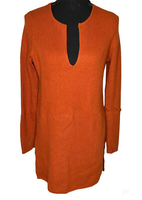 Anthropologie ett:twa Orange Ribbed Knit Pullover V-Neckline Sweater Dress Sz M