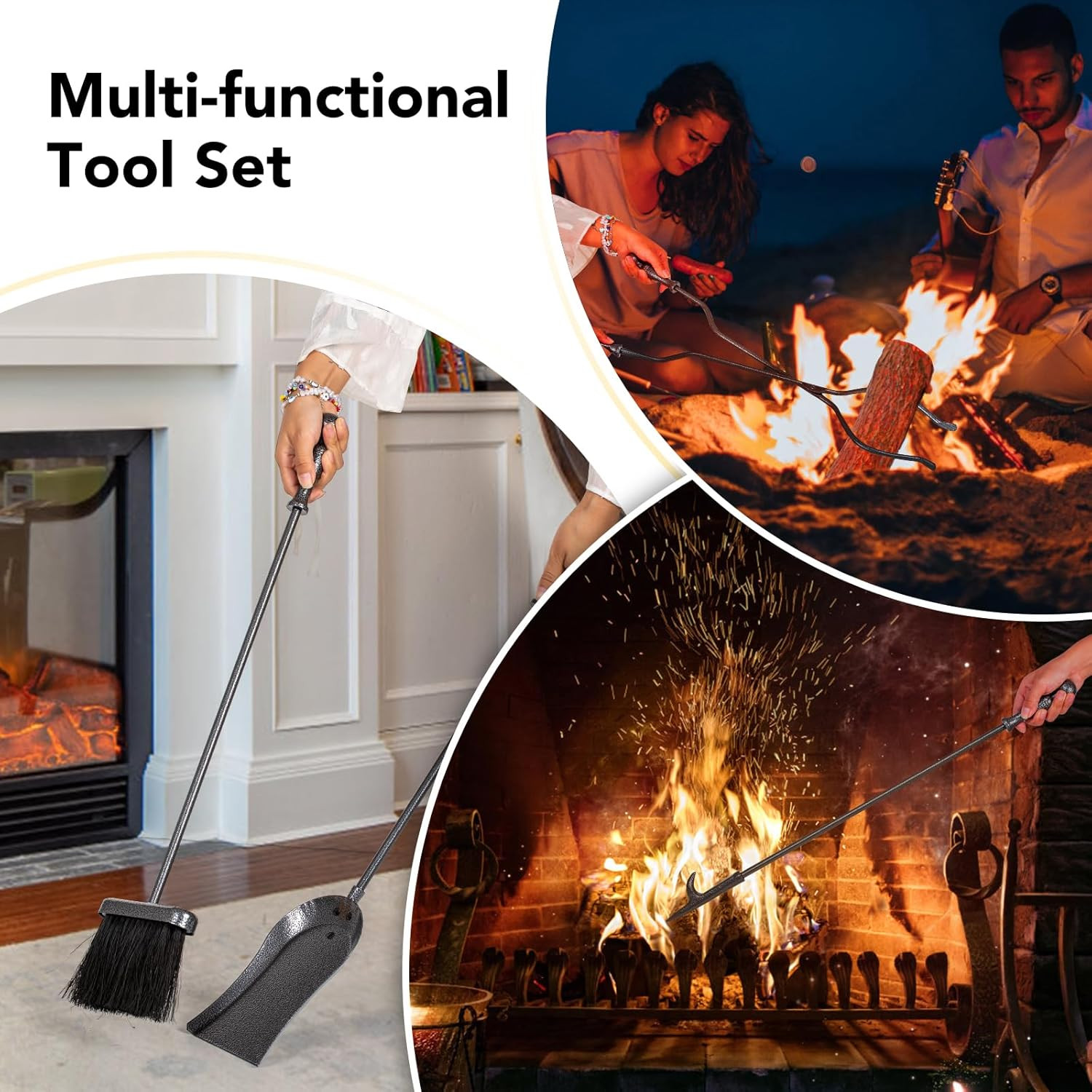 Elegant 5-Piece Wrought Iron Fireplace Tool Set with Silver Pattern - Grey