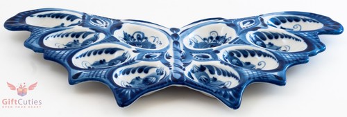 Porcelain Gzhel Egg Holder Plate Platter Easter Egg Display butterfly handmade - Picture 2 of 5