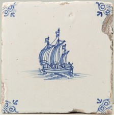 Nice Dutch Delft Blue tile, sailboat, 17th. century.