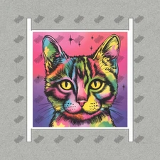 Vibrant Psychedelic Cat Wall Art Colorful Abstract Illustration for #8322