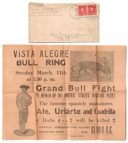 Battleship USS California PEARL HARBOR SUNK 1923 Cover w/ PANAMA BULLFIGHT Flyer