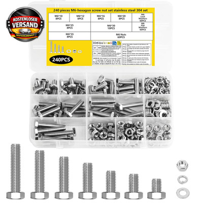 240 tlg. M6 Edelstahl Schrauben Set mit Muttern & Unterlegscheiben für Maschinen