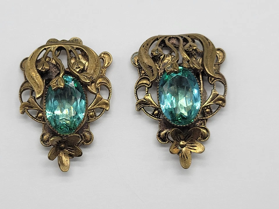Art Nouveau Vestido Clip Par Antiguo Tono Dorado Flores Aqua Marino Color Piedra Foto 3 de 4