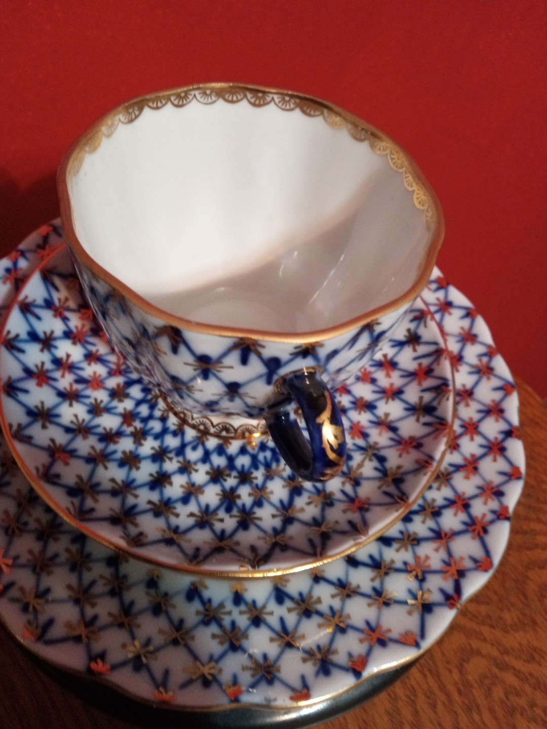 Vtg Lomonosov Russia Porcelain Cobalt Net Tulip Tea cup Saucer Dessert Plate 3pc