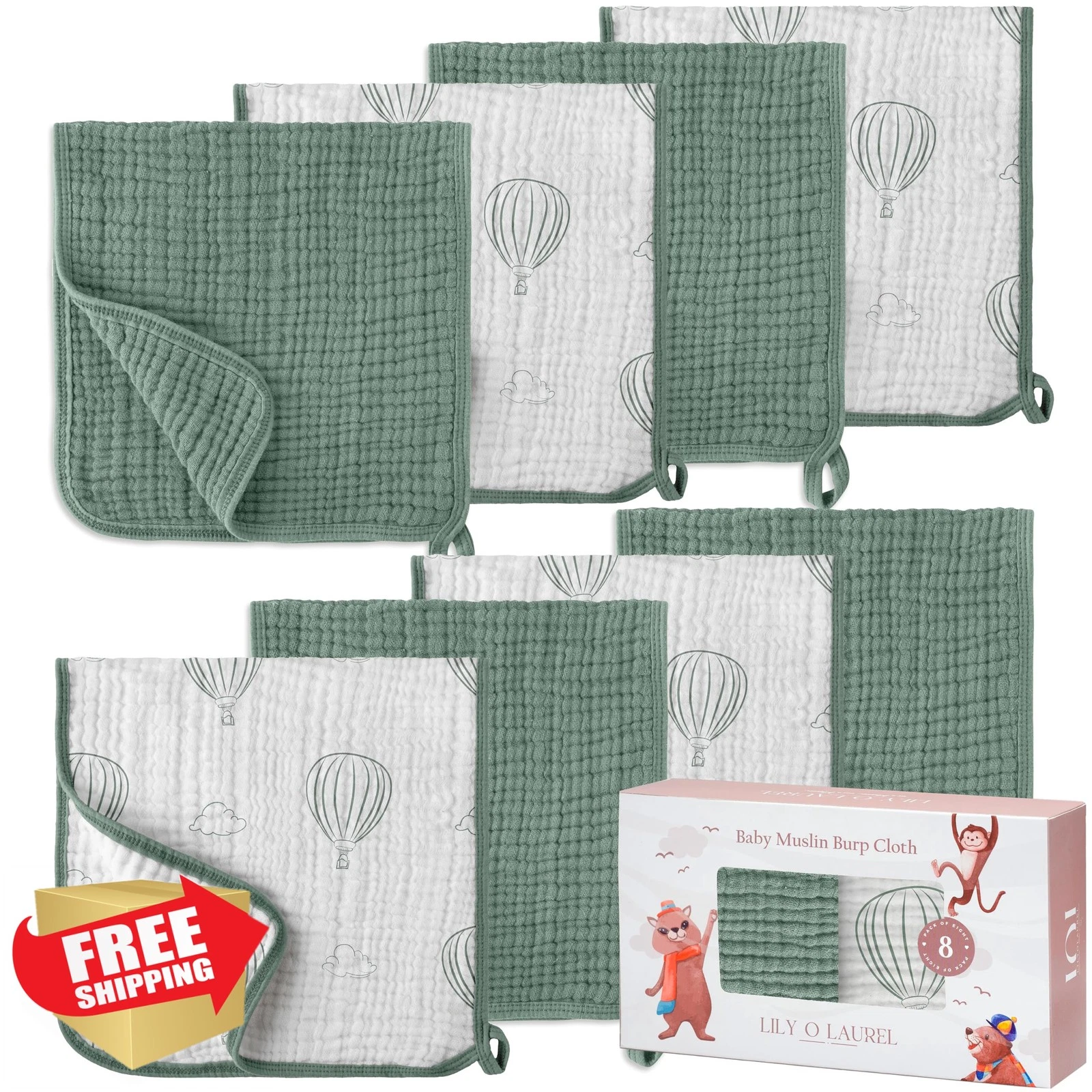LILY O LAUREL Burp Cloths Pack of 8 Green Airballoon