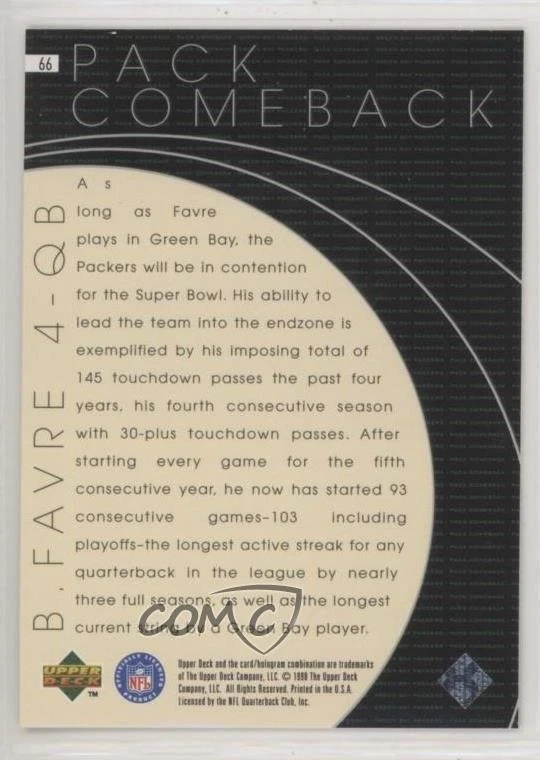 1998 Upper Deck Green Bay Packers II ShopKo Pack Comeback Brett Favre #66 HOF - Image 2 of 2