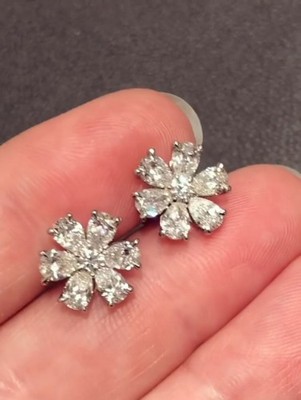 Elegant Pear & Round Cut Moissanite Flower Shape 925 Silver Stud Earrings Her