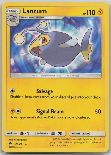 Lanturn 74/214 Rare Lost Thunder Pokemon Lightly Played