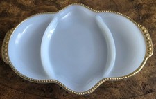 Vintage Fire King Relish Tray Dish Milk Glass 11” X 8” Divided Gold Trim 1950s