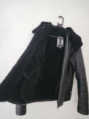 A BATHING APE 90's sheepskin shearling hooded jacket Black BAPE Vintage Leather - Picture 7 of 16