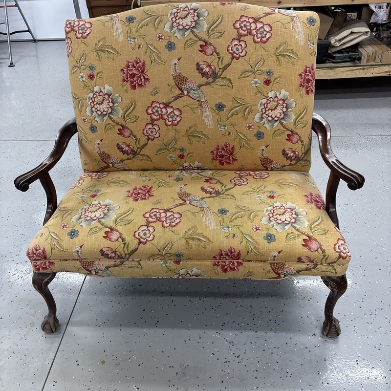 Vintage Floral Upholstered settee Ball And Claw Feet Carved Arm Rests