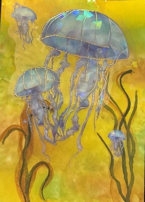 ACEO  Original Jellyfish Sea Life Mixed Media ATC By Creative Siren 3.5x2.5