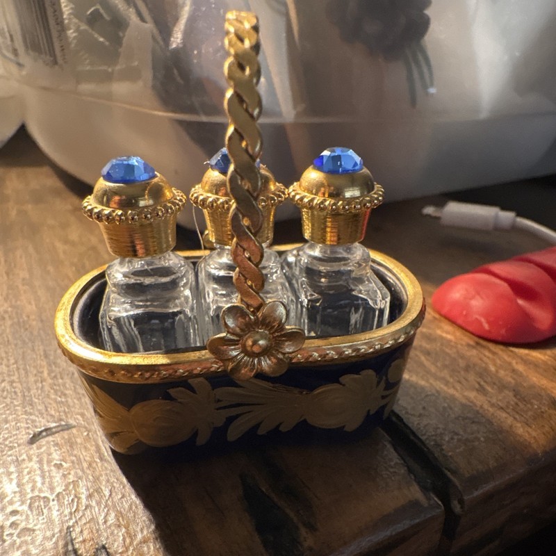 Limoges Blue Glass Decorative Box w/ Handle, Floral Gold Trim, 2 Bottles