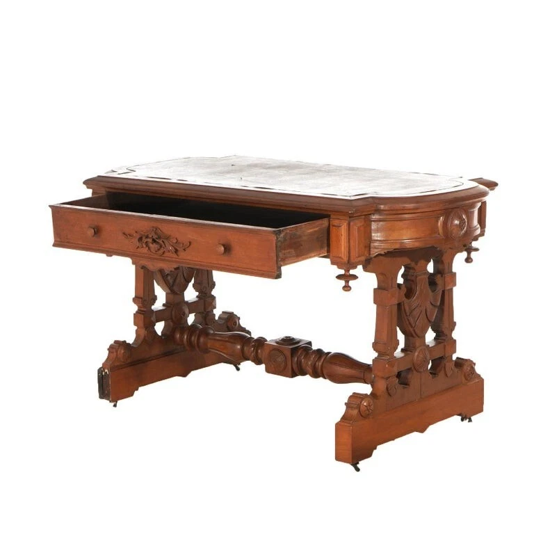Antique Victorian Renaissance Revival Carved Walnut Trestle Form Desk C1890 - Image 2 of 4