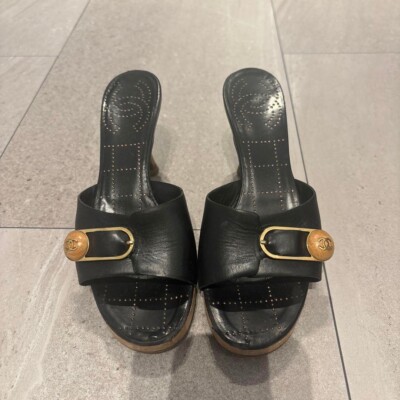CHANEL Leather Wood COCO MARK Heel Sandals Mules Shoes Women EU 36