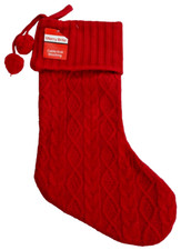 Merry Brite Christmas Stocking Red Cable Knit Pom Poms