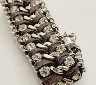 Leather Crystal Bracelet Women's Braided Toggle Rocker Wide Statement 9 in