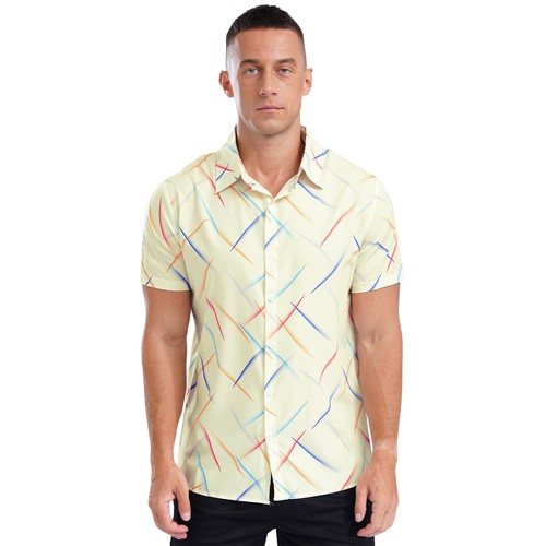Mens Colorful Striped Casual Short Sleeve Button Down Vacation Holiday Tops - Picture 30 of 77
