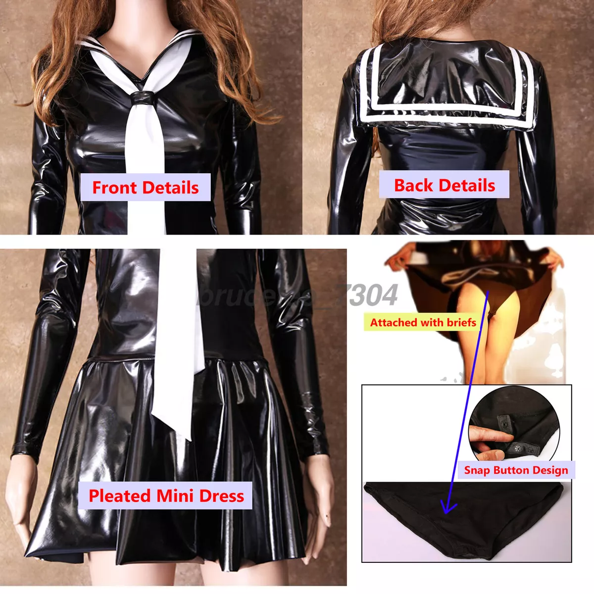 Women Wetlook PVC Leather Japanese School Girls Sailor Dress Uniform  Costumes