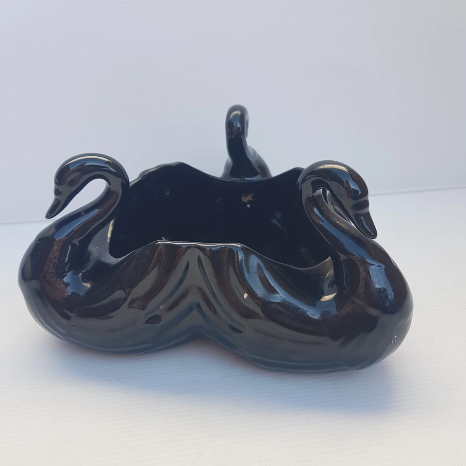 Vintage Black Vase Swan Trio Deco Vase Bird Ceramic Table Centre MCM - image 4 of 4