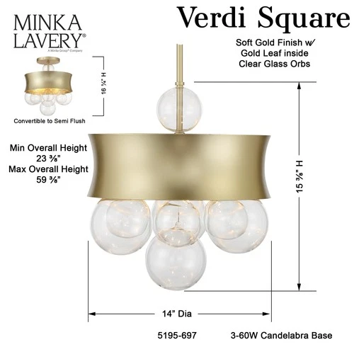 Minka Lavery 5195 Verdi Square 3 Light 14"W Convertible Pendant / - Soft Gold / - Picture 3 of 10